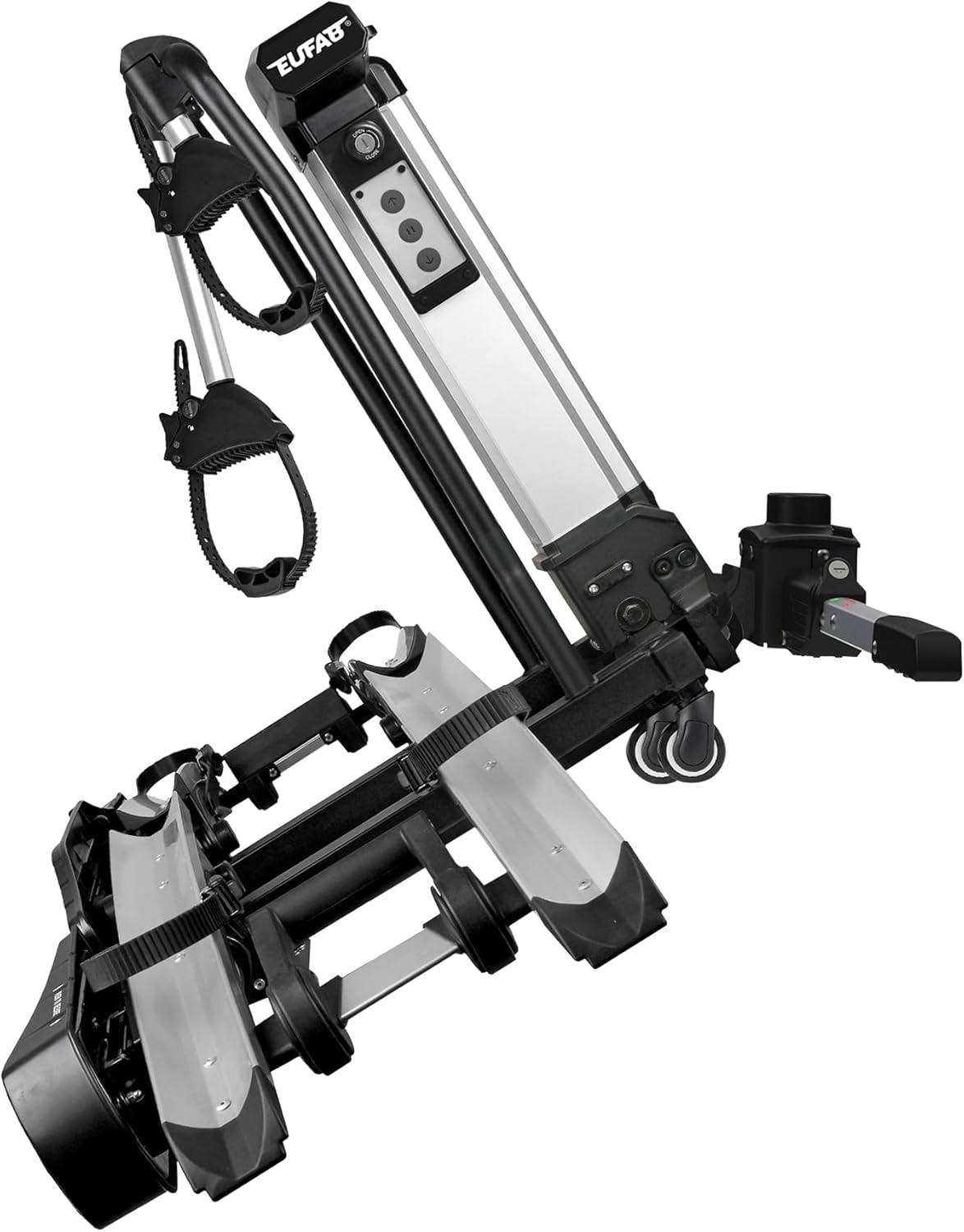 EUFAB 11554 Bicycle Carrier Bike Lift, Suitable for E-Bike, Fully Pre-Assembled, Electric Lower, Theft Protection, for 2 Bikes, for Towing Hitch, 2025 with Strap Frame Holders