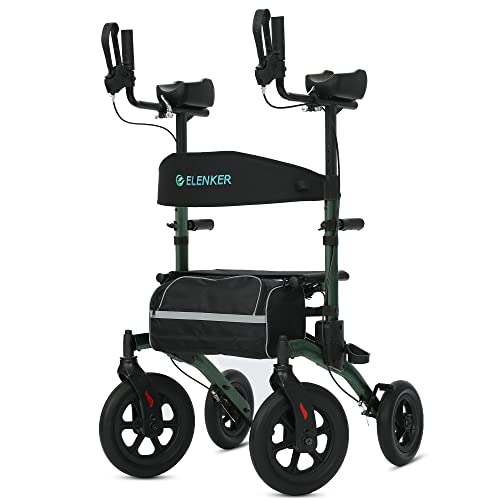 ELENKER All-Terrain Upright Rollator Walker, Stand up Rolling Walker with Seat, 12” Non-Pneumatic Tire Wheels, Compact Folding Design for Seniors, Green