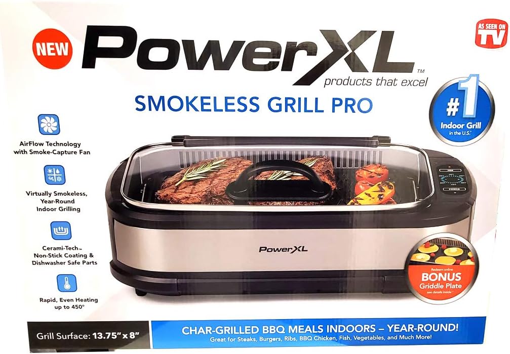 PowerXL Smokeless Grill Family Size- with Tempered Glass Lid with Interchangeable Grill and Griddle Plate and Turbo Speed Smoke Extractor Technology 22.1” X13.2” X 6.1