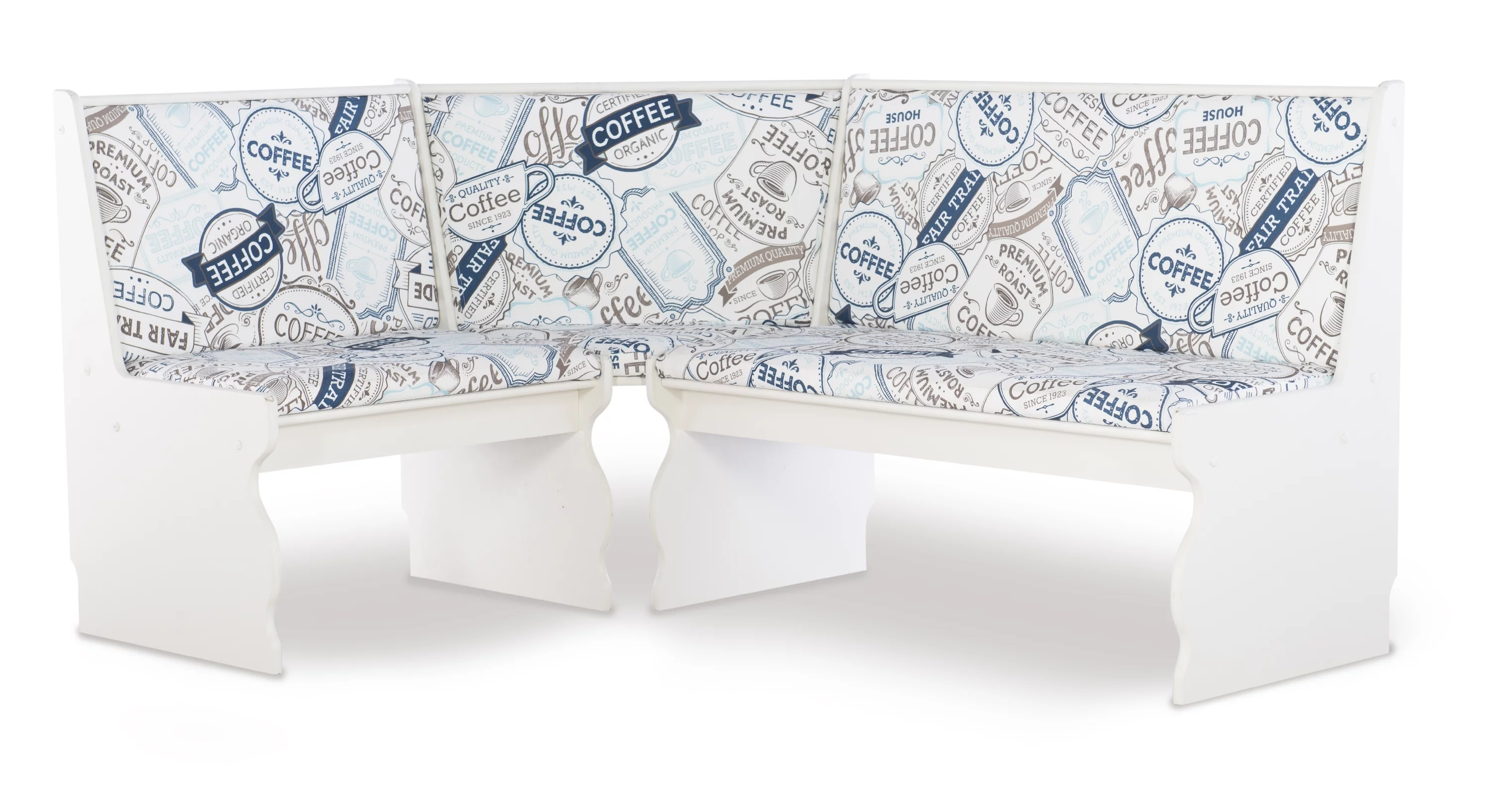 Linon Sasha Casual Dining Breakfast Nook with Corner Unit, Table, and Bench, 29.4" Table Height, Seats 5, White Finish with Coffee Patterned Fabric