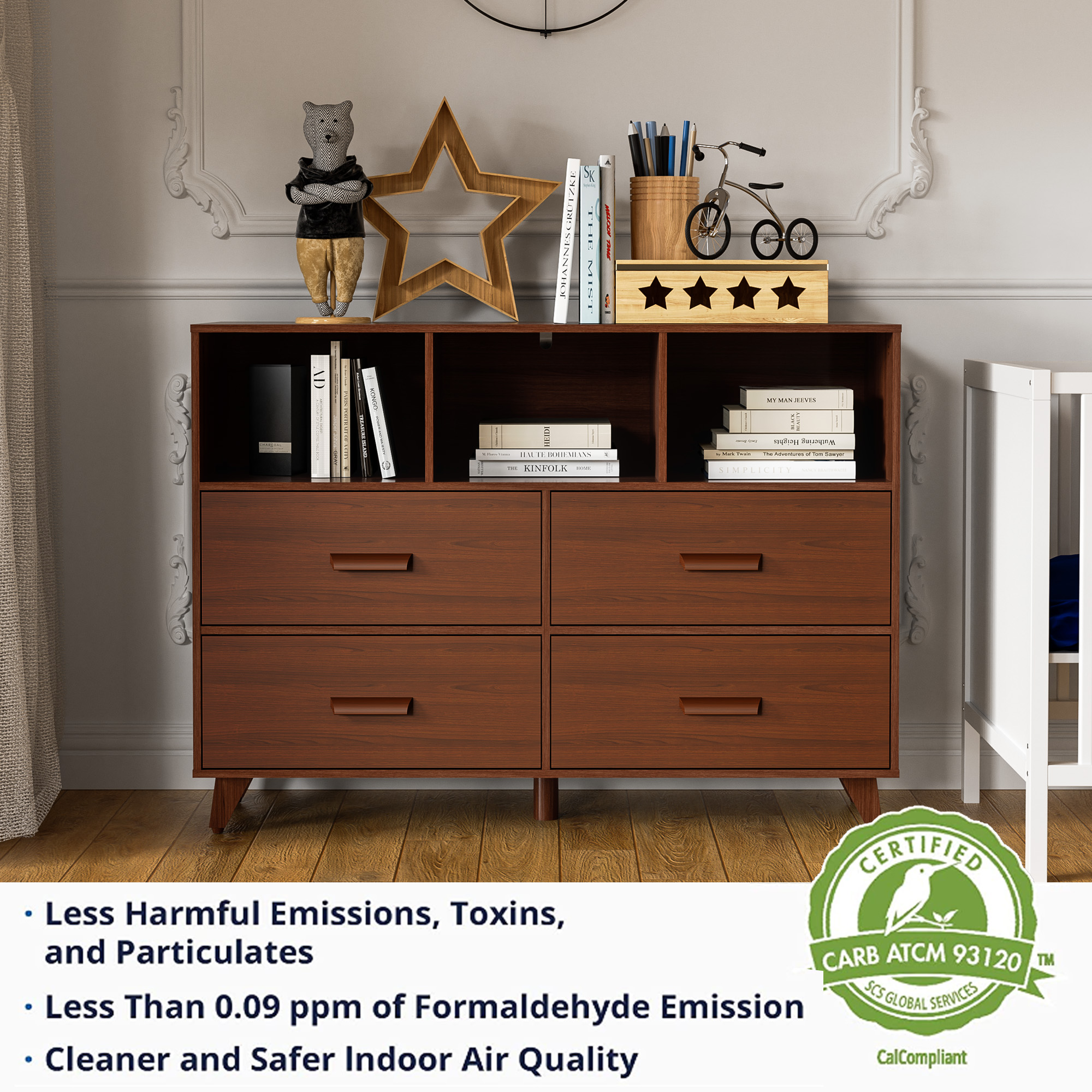 Cozy Castle Dresser Chest for Bedroom, 4 Drawers Chest with 3 Open Shelves, Wood Dresser Drawer Organizers for Kids Bedroom, Mid-Century Modern Dresser for Bedroom, Living Room, White and Brown