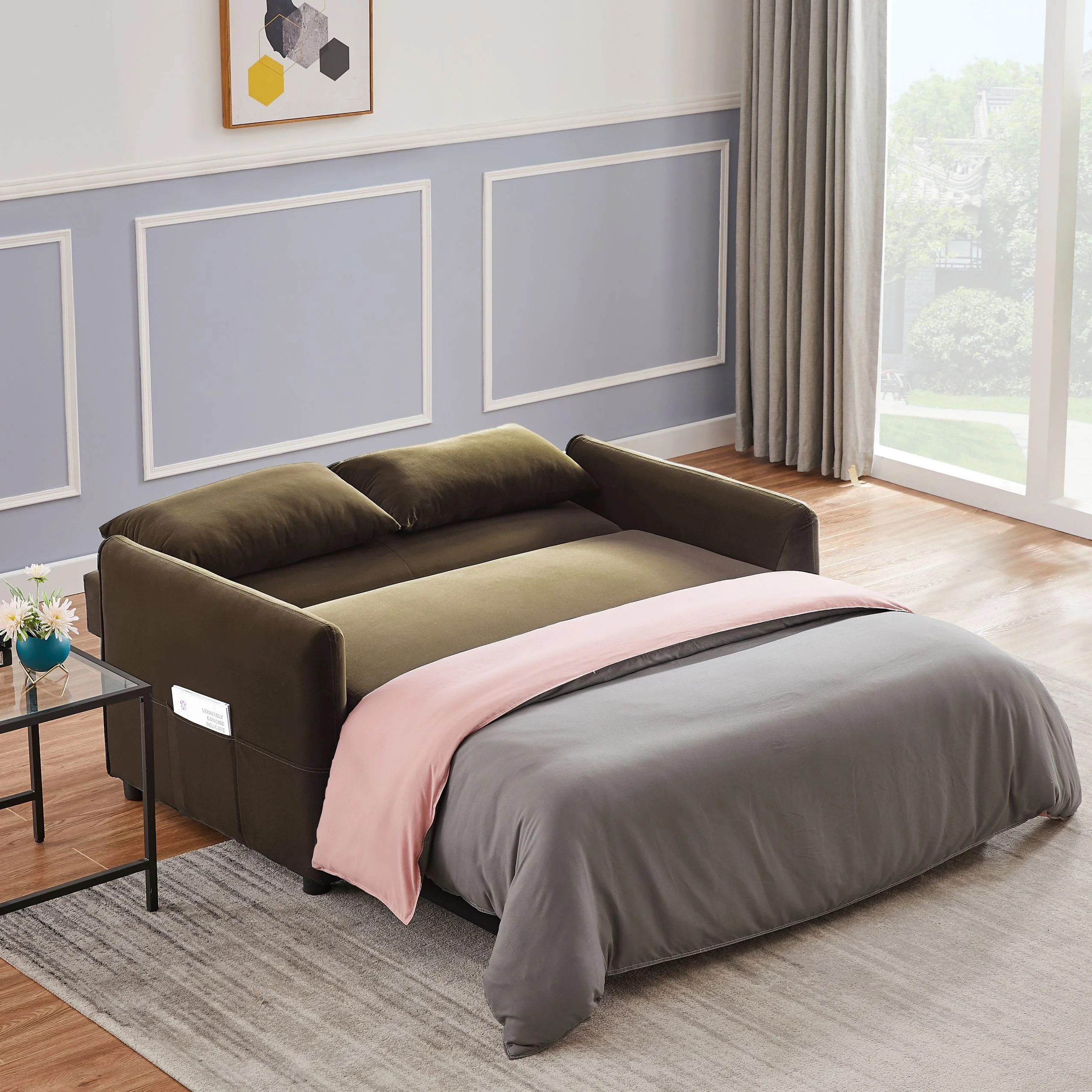 RUXAN Double seat sofa bed sofa with pull-out bed, adjustable backrest with 2 lumbar pillows for small living rooms, apartments, etc.-Light Brown