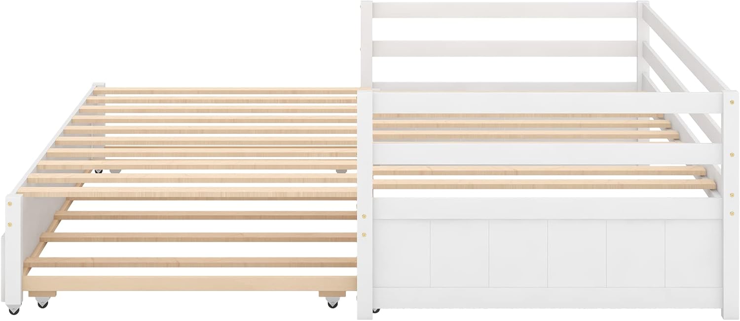 Extendable Daybed with Trundle, Wood Twin to Double Twin Daybed with Pull Out Trundle, Trundle Daybed for Kids Teens, Extending Sofa Bed for Living Room, Bedroom, Guest Room,White