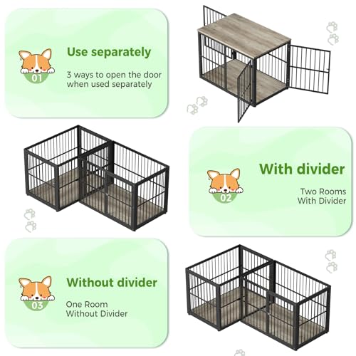 86.62''Dog Crate Furniture Large Breed TV Stand with Double Rooms,Wooden Dog Kennel Dog Crate End Table with Removable Divider for Large Medium Dogs, Can Use Separately, Brown