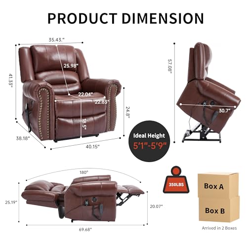 Dual Motor Power Lift Chair, Lay Flat Recliner Chair, Electric Recliner with Massage and Heat for Elderly, Remote Control, Infinite Position, Standing Assistance, USB Ports, Faux Leather, Brown