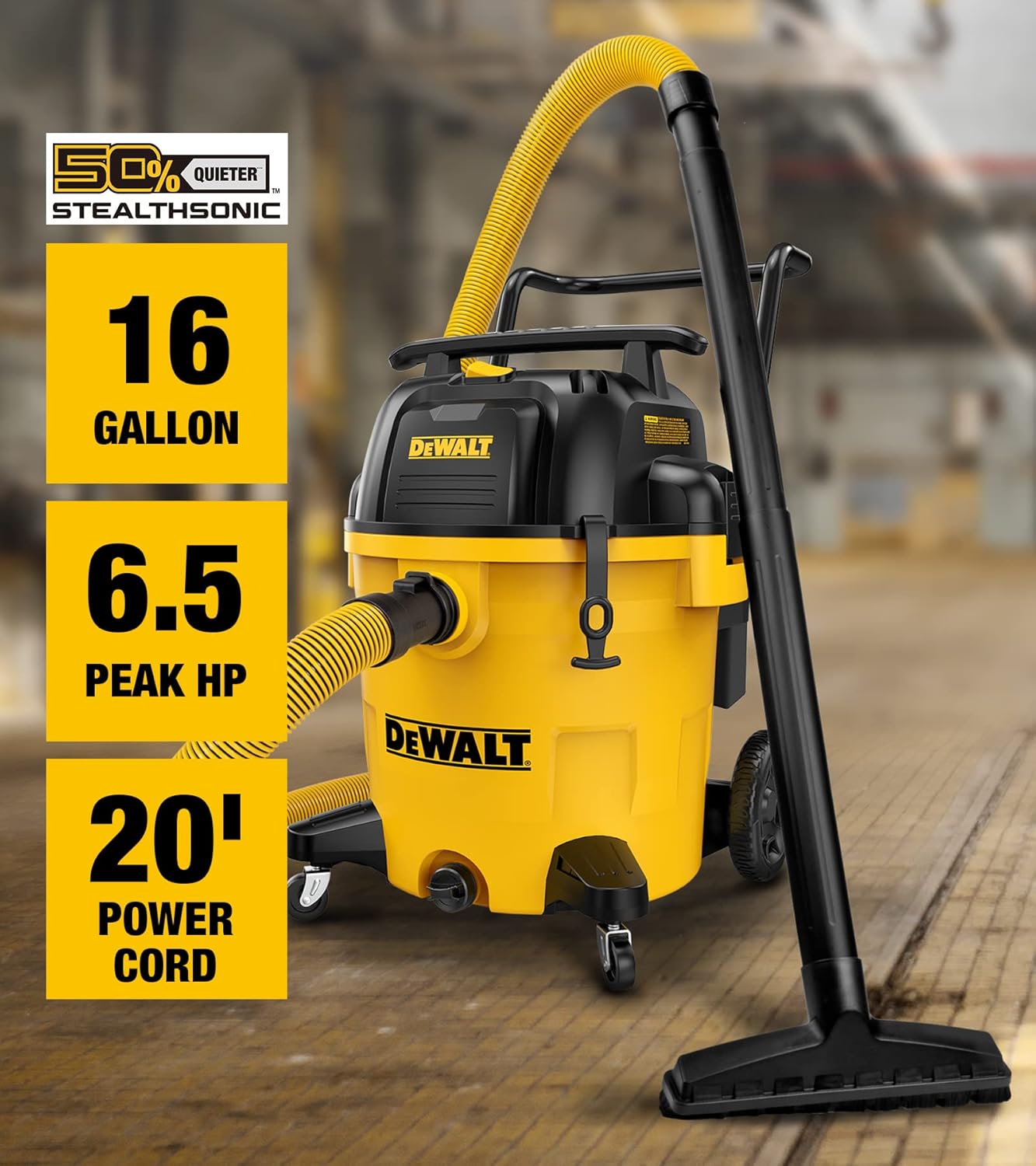 DEWALT 16 Gallon STEALTHSONIC Poly Wet/Dry Vacuum, DXV16P-QTA Newest Noise Reduction Vac, Heavy Duty Shop Vacuum for Jobsite/Workshop, Reduce Motor Noise, Yellow