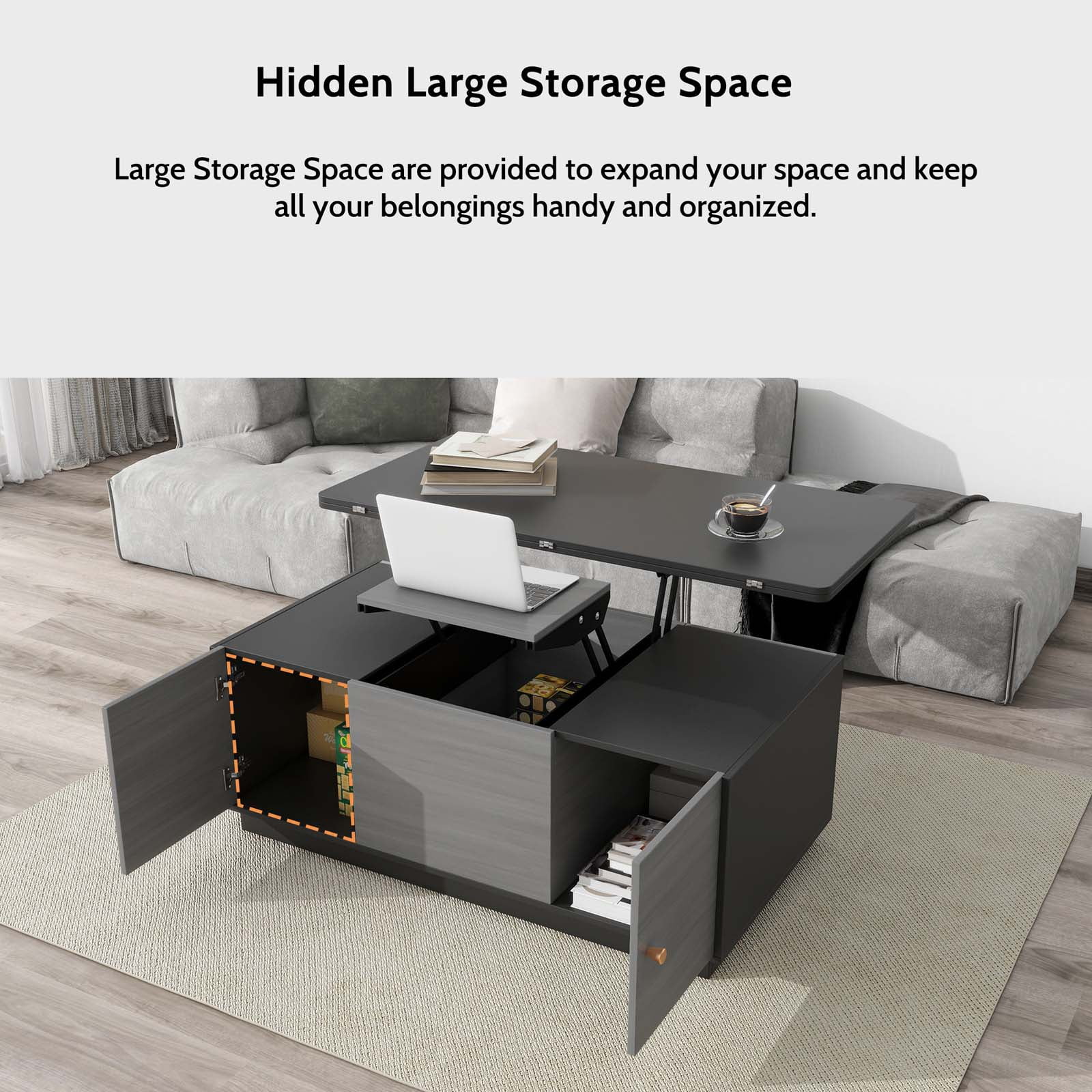 YISUYA Modern Multifunctional Coffee Table, Rectangle Lift-top Coffee Table, Gray Multi-Functional End Table with 2 Storage Cabinets and Hidden Storage, Can be Used as A Dining Table or Workspace