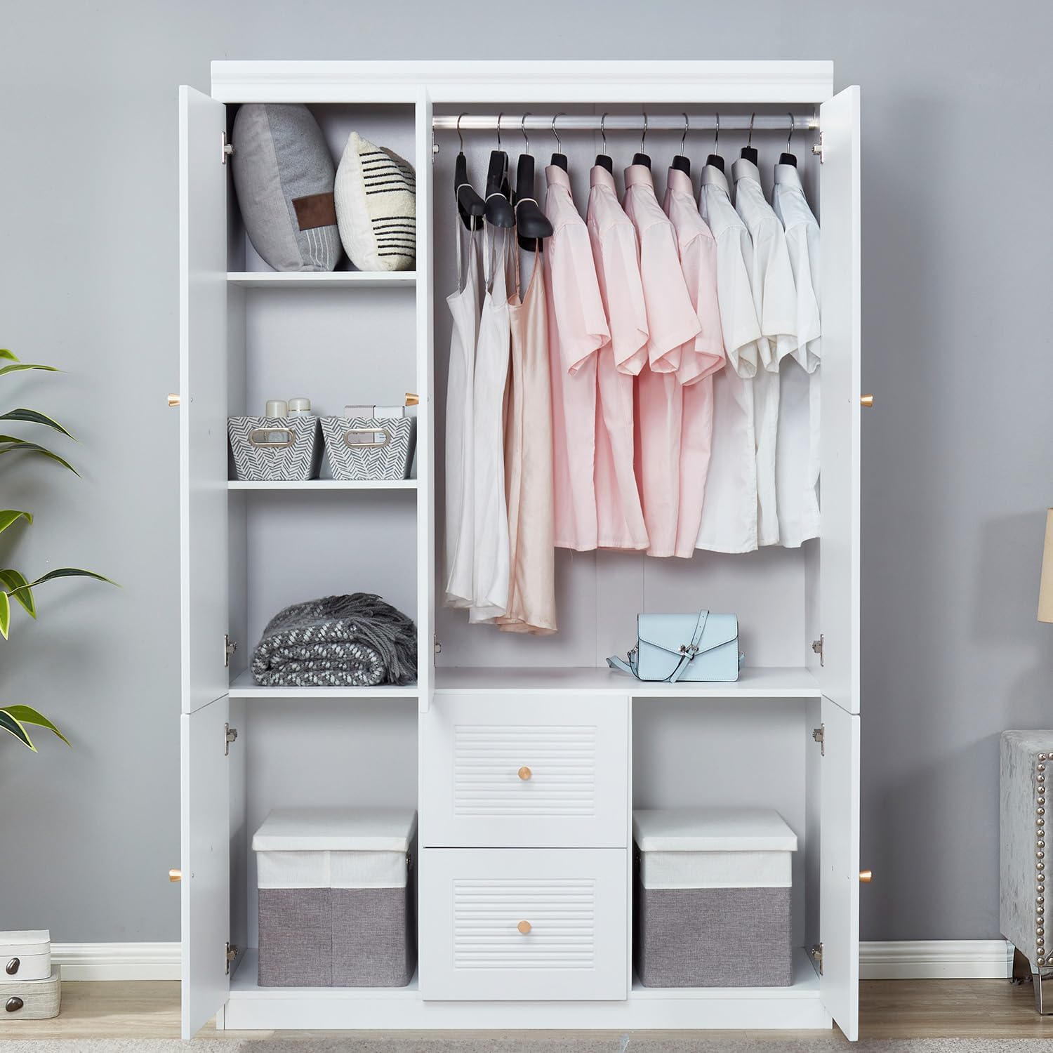 3 Door Armoire Wardrobe Closet, Wooden 2 Drawers White Closet Cabinet for Large Capacity with Hanging Rod and 5 Storage for Tall Cabinet Closet 47.3" L x 20.3" W x 74.2" H
