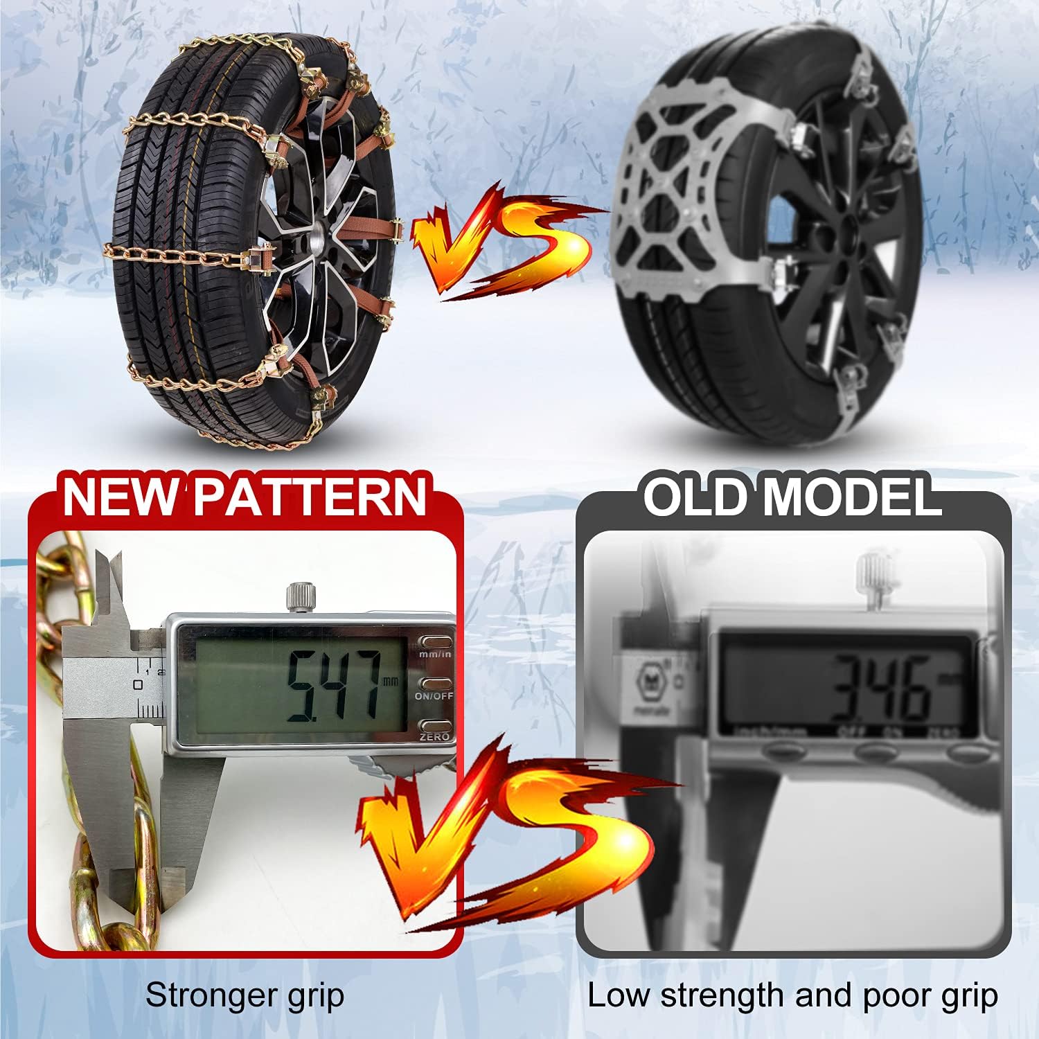 Tire Chains, Snow Chains 12 pcs for Trucks Suvs, Cars, Sedan, Family Automobiles with Update Adjustable Lock for Ice, Snow,Mud,Sand,Applicable Tire Width 225-285 mm /8.8-11.3in
