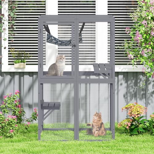 Catio Outdoor Cat Enclosure, Wooden Catio with Window Access for Patio, Indooe Kitty House (Black)
