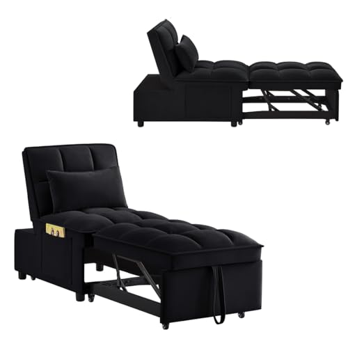 4 in 1 Convertible Sleeper Sofa Chair, Single Pull Out Couch with 6-Level Adjustable Backrest&Pillows,Modern Velvet Sofa Bed with Storage Pockets for Bedroom Living Room Small Space (Navy)