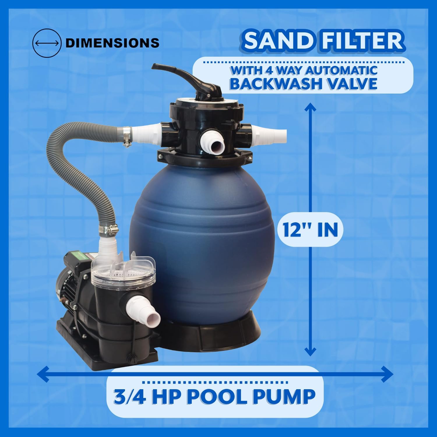 Poolzilla Tiger Shark 12" Sand Filter with 3/4HP Pool Pump 4 Way Valve Above Ground Pool Set with Stand, for Pools up to 7,200 Gallons