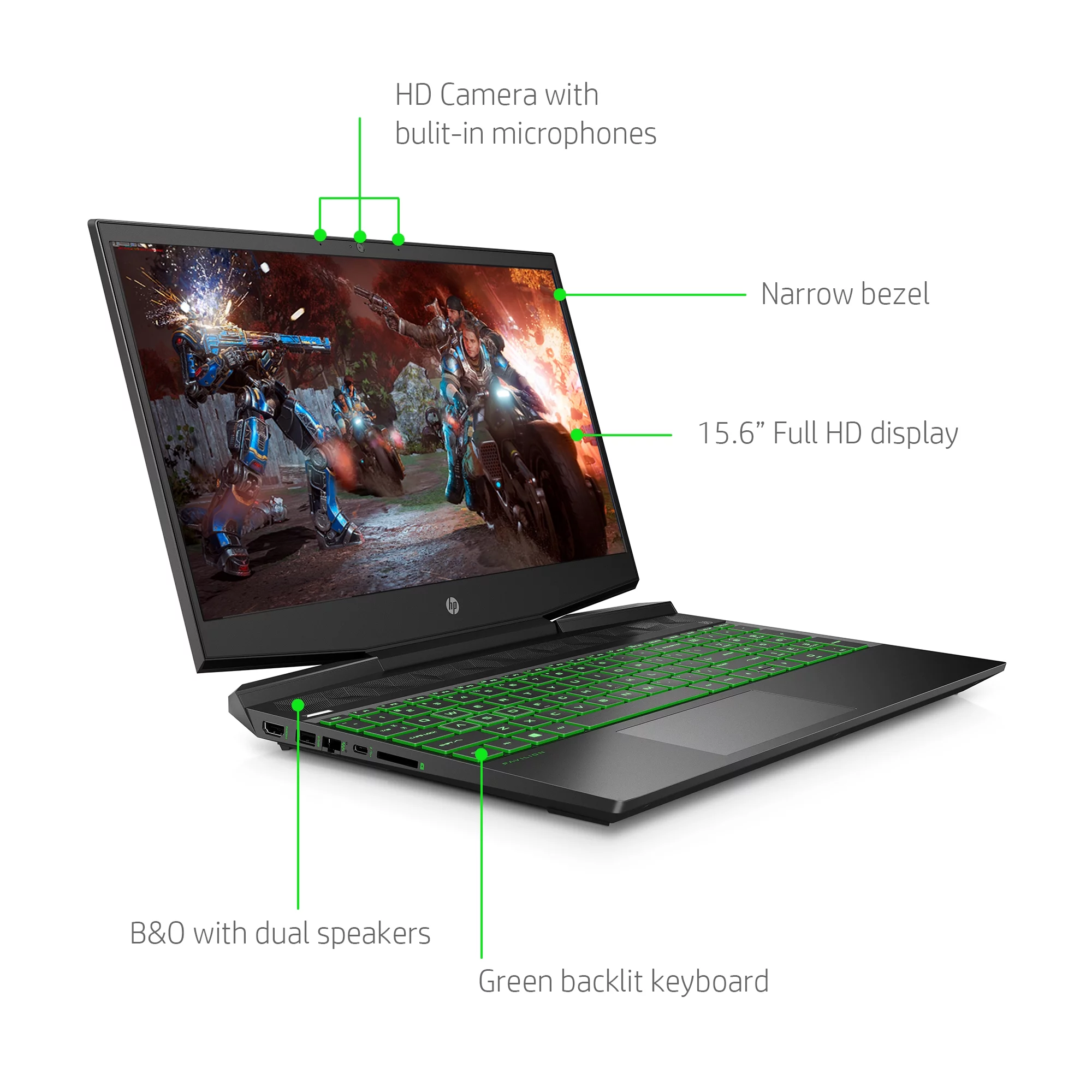 HP Pavilion 15.6" FHD Gaming Laptop, Intel Core i5-9300H, NVIDIA GeForce GTX 1050 (3 GB GDDR5), 8GB SDRAM, 256GB SSD, Shadow Black, Acid Green, 15-dk0068wm