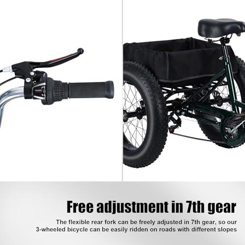 Adult Tricycles, 20 Inch 3 Wheeled Bicycles for Adult, Snow Tires Fat Tire Drift Trike with Double Disc Brake Spacious Basket, 7 Speed Cruiser Bike for Women Men Seniors Students Recreation