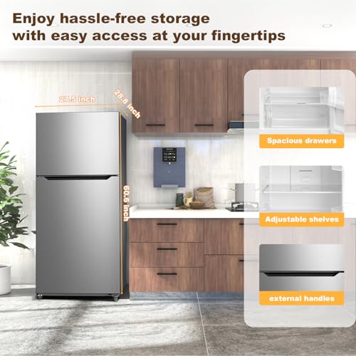 Refrigerator with Freezer, Top Freezer Apartment Size Refrigerator, Full Size Refrigerator, Stainless Steel Fridge, 2 Door Fridges with Adjustable Thermostat Control, for Bedroom