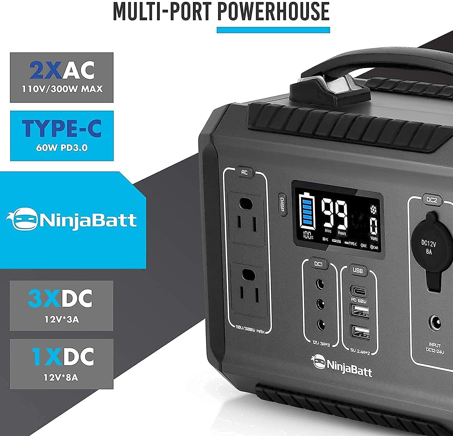 NinjaBatt Portable Power Station, 280Wh Backup Lithium Battery with 110V/300W Pure Sine Wave AC Outlets, QC3.0 & PD 60W - Silent Generator for Outdoor Camping RV Emergencies