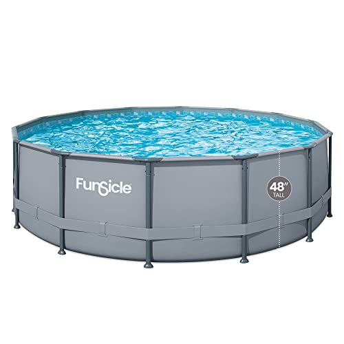 Funsicle 14' x 42" Oasis Designer Round Frame Above Ground Outdoor Swimming Pool Set with SkimmerPlus Filter Pump, Ladder, and Pool Cover, Gray