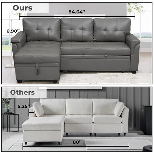 Naomi Home Jenny Sectional Sofa Sleeper with Storage Chaise, Tufted Pull Out Couch with Storage, L-Shaped Reversible Sleeper Sofa with Storage, Black,Air Leather
