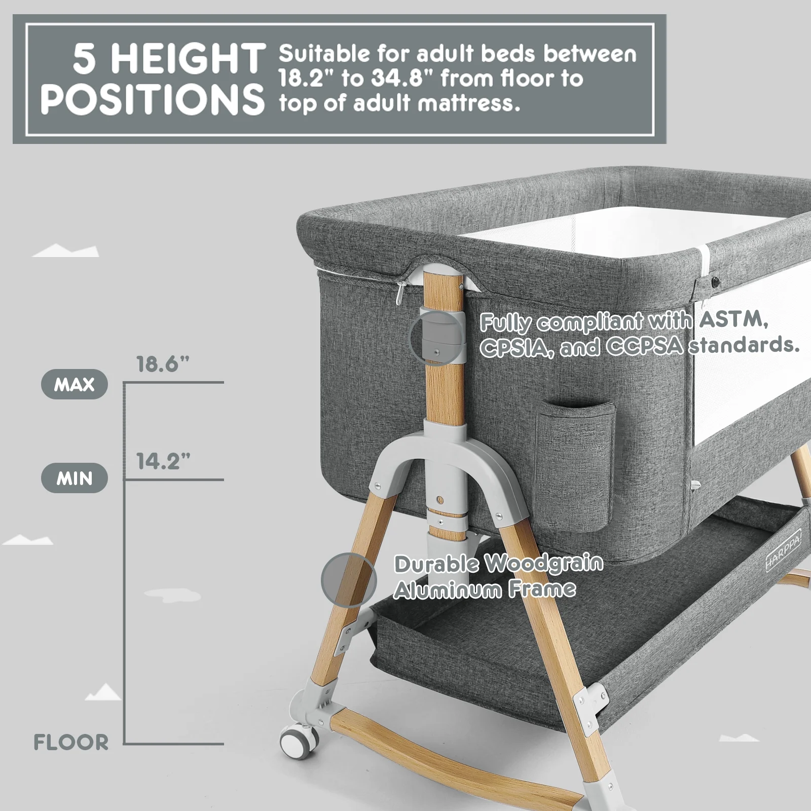 HARPPA 4 in 1 Baby Bassinet, Height Adjustable, Easy Folding, Gray
