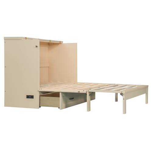 Full Size Murphy Bed Cabinet, Solid Wood Murphy Bed with Charging Station and Large Storage Drawer, Wall Mounted Foldable Platform Bed, Space Saving for Guest Room, Office, Gray