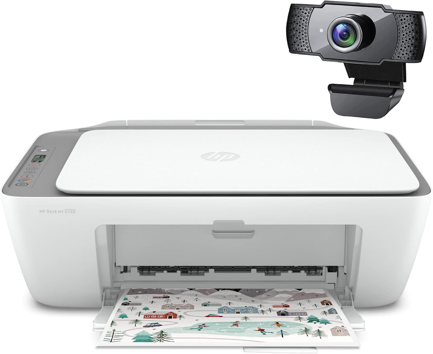HP DeskJet 27 22 All-in-One Wireless Color Inkjet Printer, White - Print, Scan, Copy - 1200 x 1200 dpi, Flatbed Scanner, Icon LCD Display, Wi-Fi, Bluetooth, USB, Cbmou External Webcam