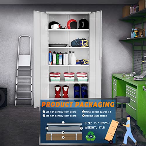 Yizosh Metal Garage Storage Cabinet with 2 Doors and 5 Adjustable Shelves - 71" Steel Lockable File Cabinet,Locking Tool Cabinets for Office,Home,Garage,Gym,School (Gray White)