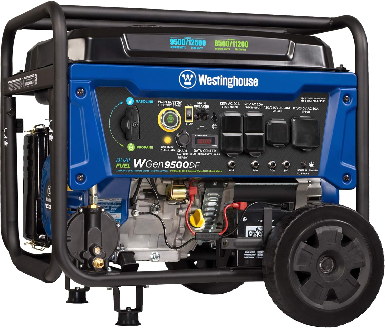 Westinghouse Outdoor Power Equipment WGen9500DF Dual Fuel Portable Generator 9500 Rated and 12500 Peak Watts Gas or Propane Powered, Electric Start, Transfer Switch & RV Ready CARB Compliant