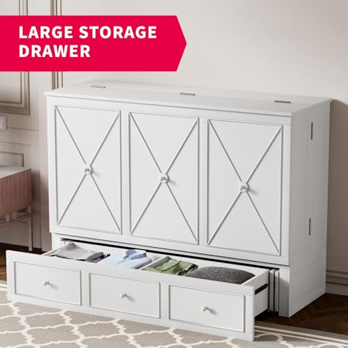 MUZZ Murphy Bed Queen with Foldable Mattress,Modern Cabinet Bed with Storage Drawer & USB Charging Station, Solid Wood Cube Cabinet Bed for Bedroom,Guest Room(Grey)