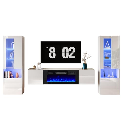 AMERLIFE High Gloss Living Room Entertainment Center with LED Lights, Including Floating Fireplace TV Stand with 40" Electric Fireplace & 2 Bookcases with Glass Doors, All White