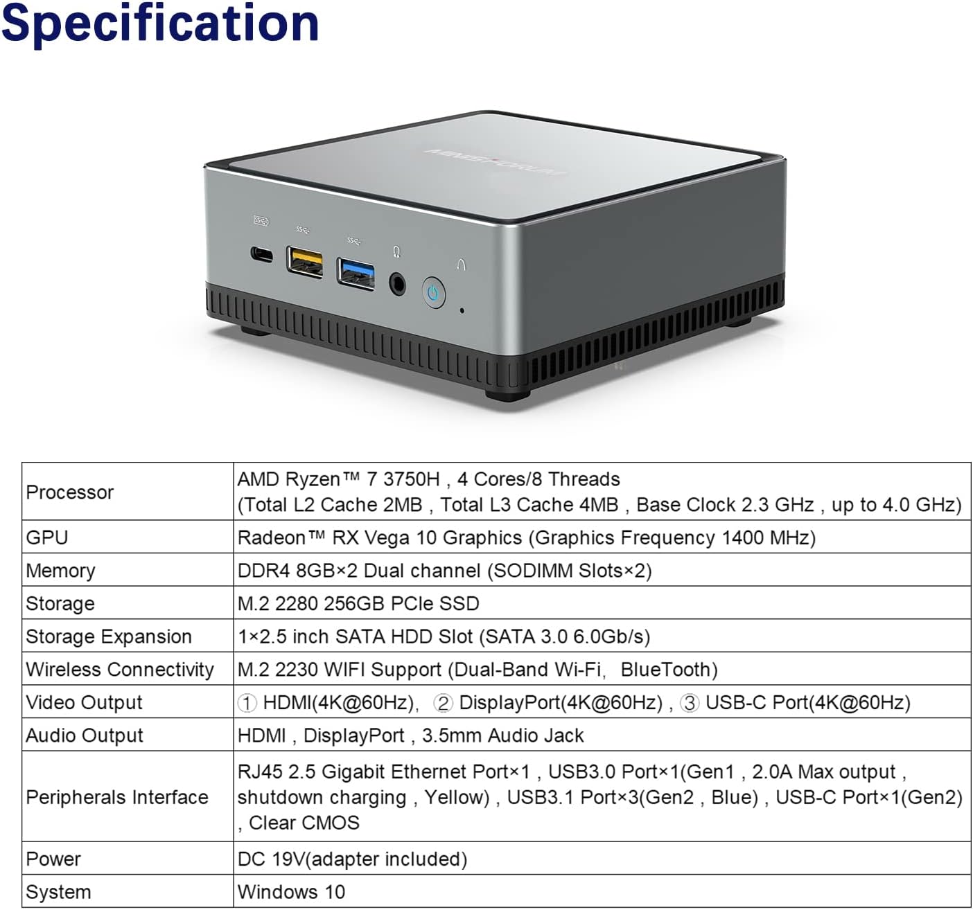 Mini PC AMD Ryzen 7 3750H UM700 | 16 GB RAM 256 GB PCIe SSD Mini Desktop Computer | Radeon RX Vega 10 Graphics | Dual WiFi BT 5.1 | HDMI/Display/USB-C | RJ45 4X USB 3.0 Ports Small Form Factor