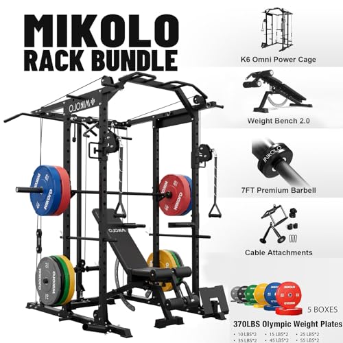 Mikolo Power Cage, Power Rack with Cable Crossover System, 1500LBS Squat Rack with LAT Pull Down System, Workout Cage with Pulley System for Fitness Home Gym