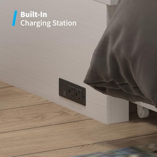 Mjkone Murphy Bed Cabinet, Queen Size Cabinets Bed Chest with USB Charging Station & Tri-Folding Mattress, Wall Beds with Storage Drawers for Guest Bedroom Apartment Office, Easily Convertible, White