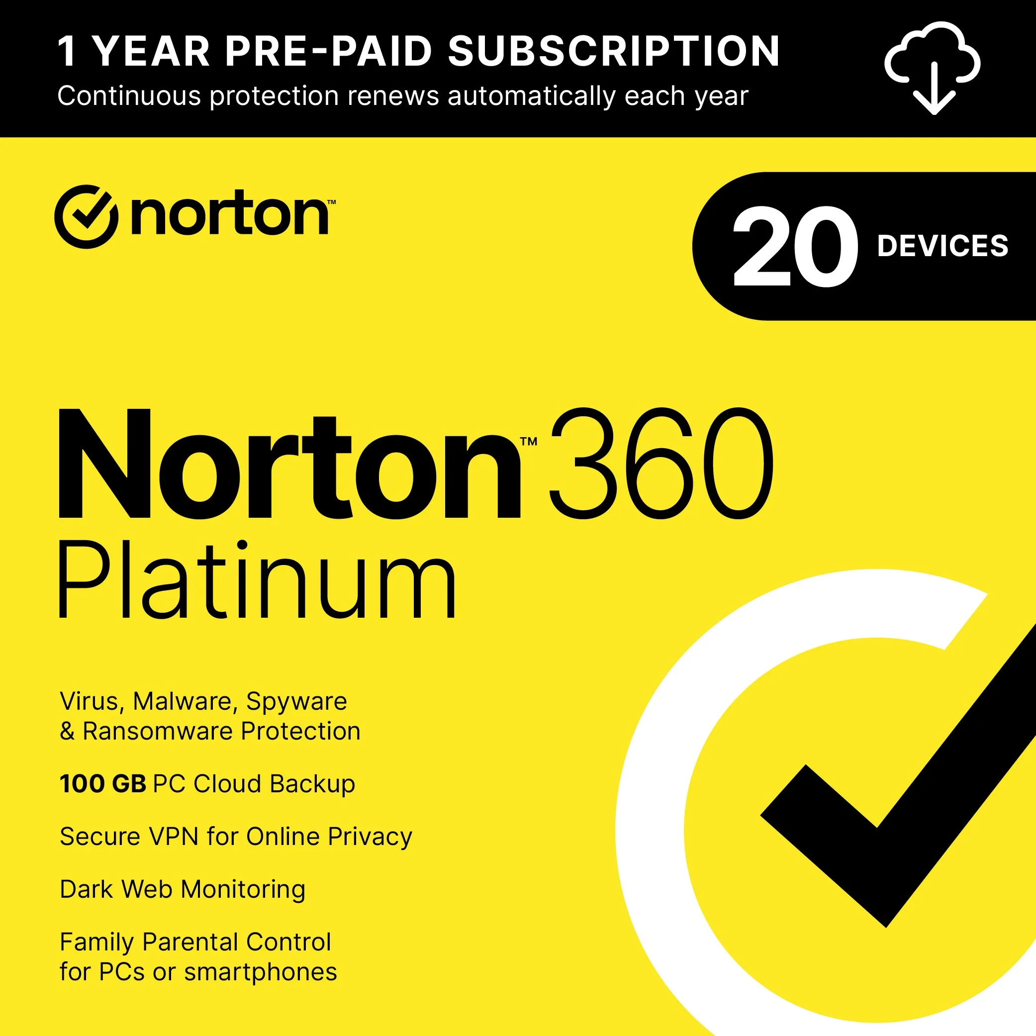 Norton 360 Platinum, Antivirus Software for 20 Devices, 1 Year Subscription, PC/Mac/iOS/Android [Digital Download] - Curated Treasures Market