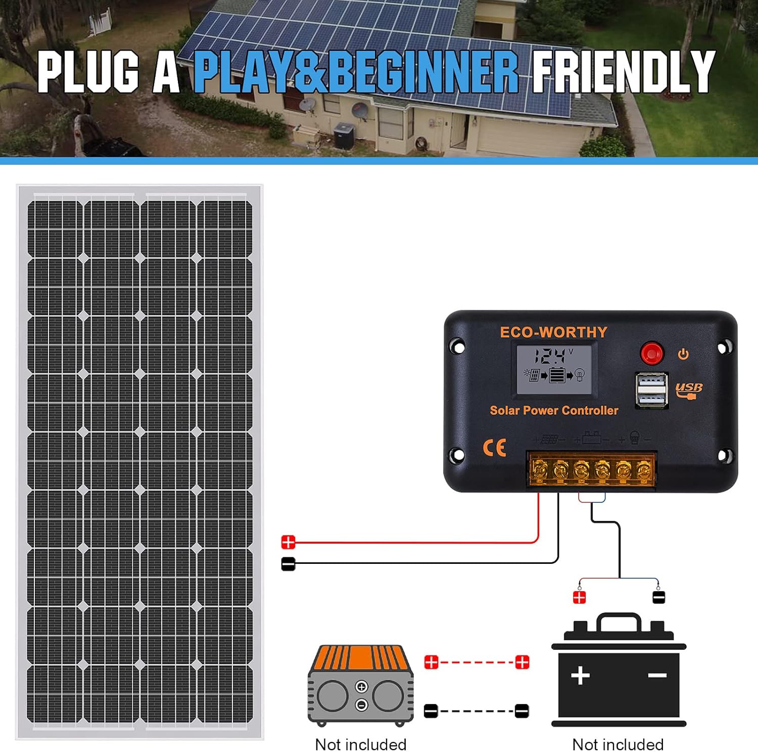 ECO-WORTHY 100 Watt Solar Panel 12 Volt Monocrystalline Solar Panel High Efficiency Module RV Marine Boat Caravan Off Grid