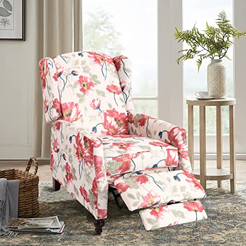 Wingback Recliner Chair with Massage and Heat, Tufted Fabric Pushback Recliner Chair, Wingback Chair with Remote Control, Padded Cushion, Wooden Legs, Small Recliners for Small Spaces