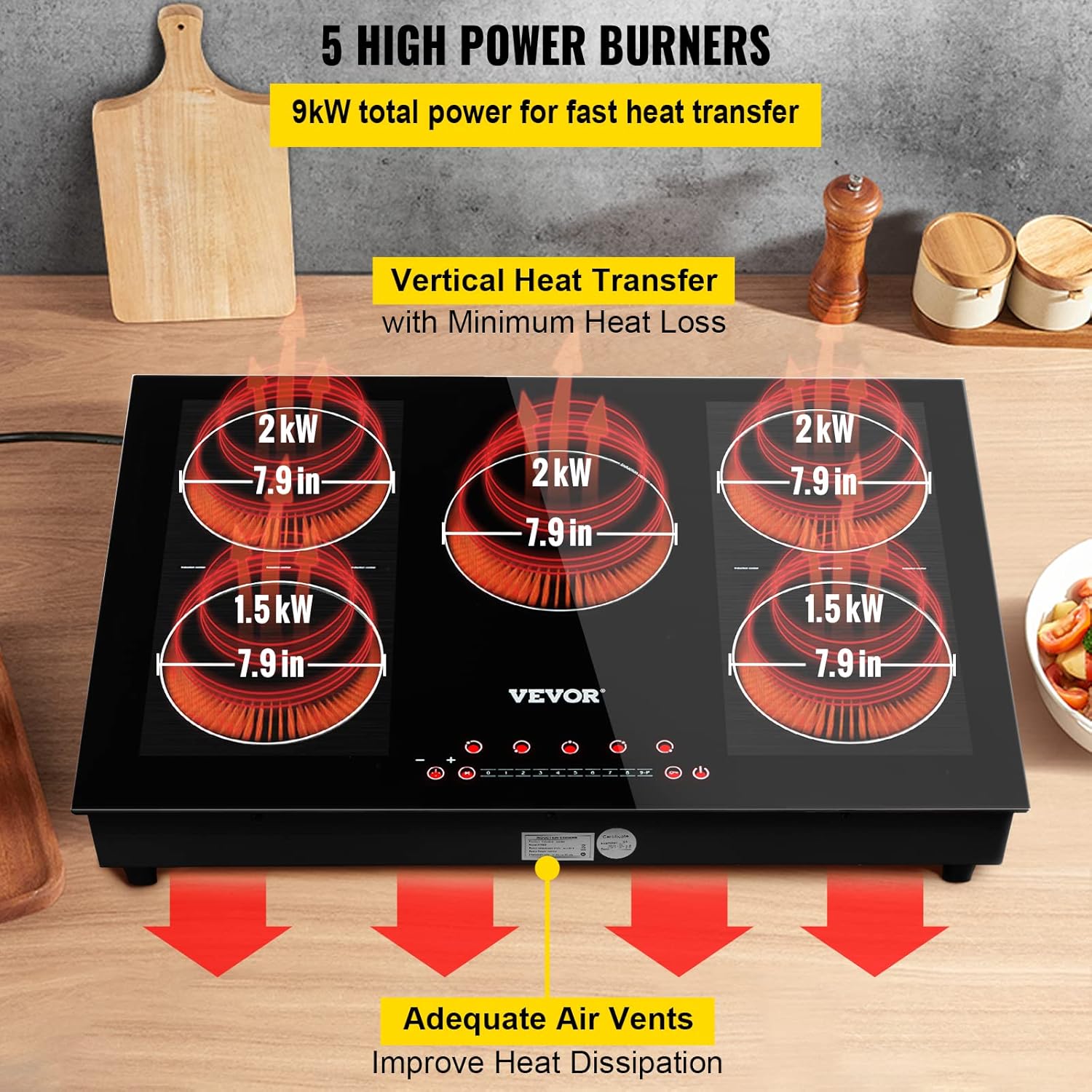 VEVOR Built-in Induction Electric Stove Top 5 Burners,35 Inch Electric Cooktop,9 Power Levels & Sensor Touch Control,Easy to Clean Ceramic Glass Surface,Child Safety Lock,240V