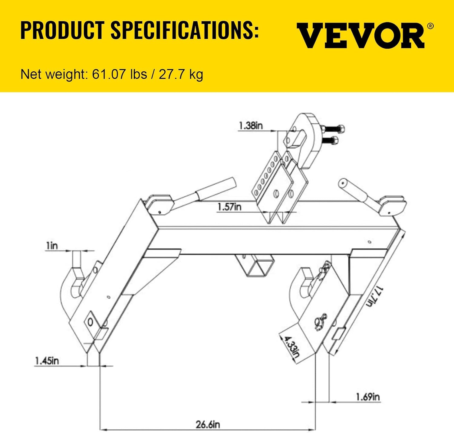 VEVOR 3-Point 3000 LBS Lifting Capacity 28.31" Between Lower Arms Attachments Quick Hitch, No Welding & 5 Level Adjustable Bolt, Adaptation to Category 1 & 2 Tractor, Black