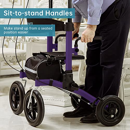 ELENKER All-Terrain Upright Rollator Walker, Stand Up Rolling Walker with Non-Pneumatic Tire 12” Front Wheels, Compact Folding for Seniors, Champagne