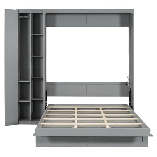 Full Size Murphy Wall Bed With Storage and Bookcase Headboard, Solid Wood Cabinets With Shelves, Drawers and USB Ports, Multi-Function Platform for Home Office, Guest Room - White