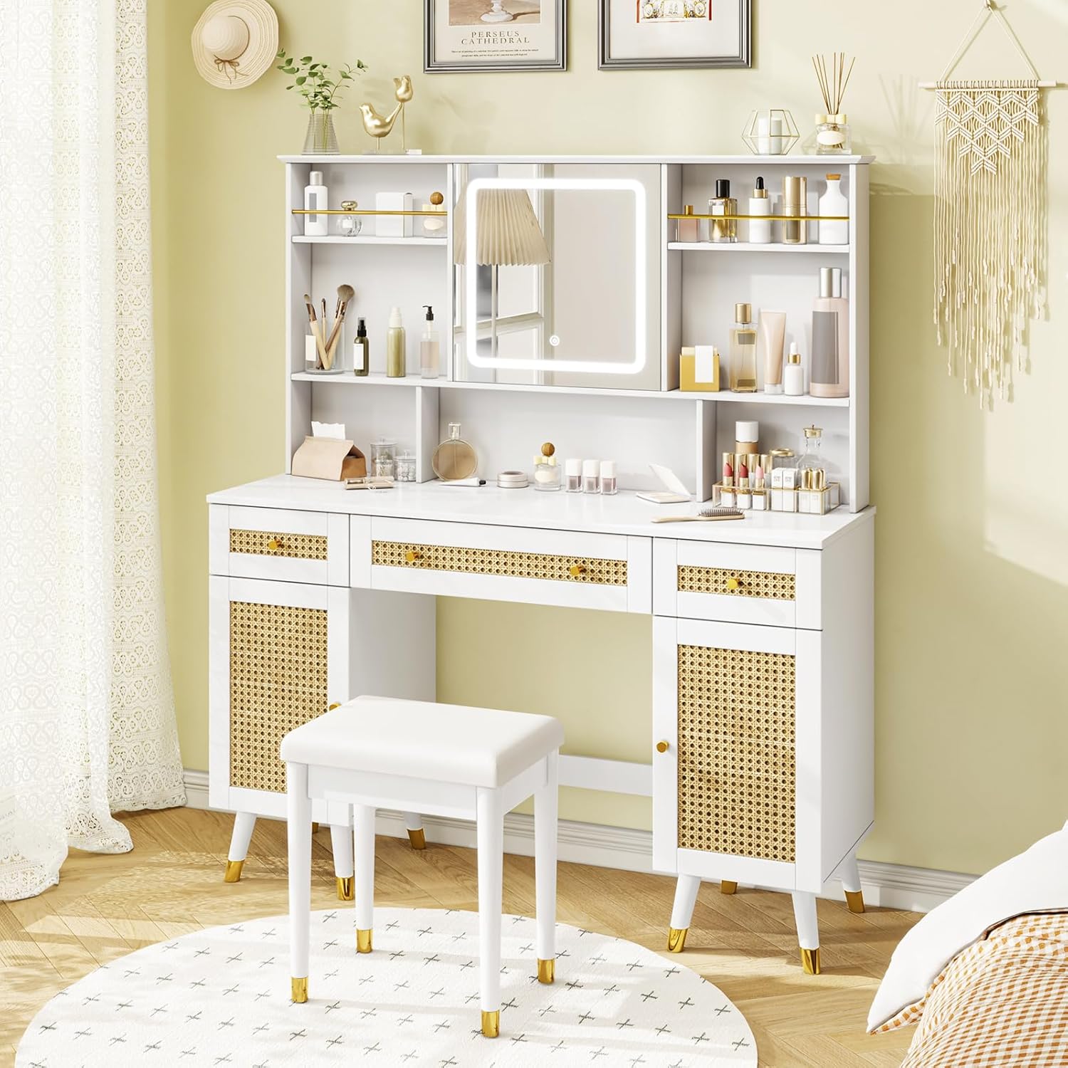 AMERLIFE 47in Rattan Makeup Vanity Desk with Mirror and Lights, Modern Big Vanity Table with Drawers & Shelves, Boho Vanity Set with Rattan Door Cabinets for Women, Bedroom, Stool Included, White