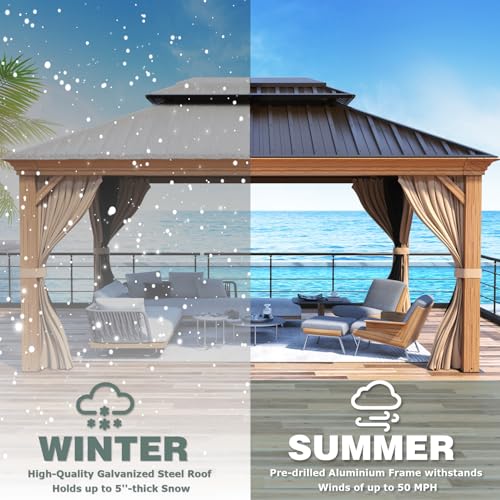 MELLCOM 12'x16' Hardtop Gazebo, Galvanized Steel Metal Double Roof Canopy with Curtains and Netting, Brown Permanent Pavilion Gazebos with Aluminum Frame for Garden, Patio, Lawns, Deck