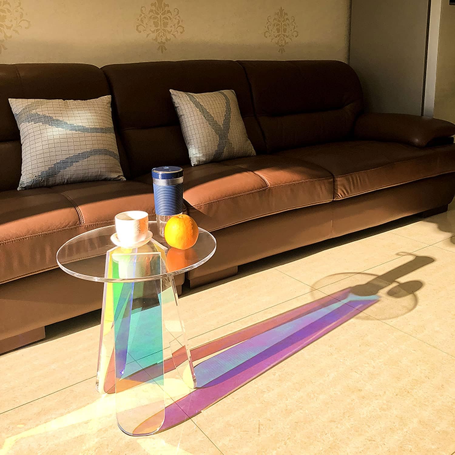 Acrylic Side Table Colorful Glass Round End Table, Beautiful Small Narrow Bedside Couch Sofa Side Tables for Drink Snack Magazine Living Room Bedroom, Clear Suncatcher Night Stands, 18 inch