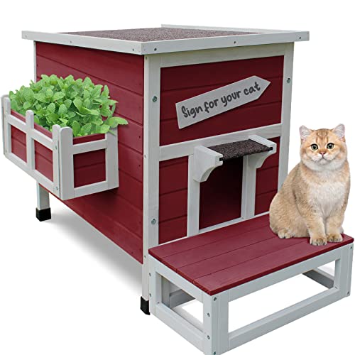 Rockever Outdoor Cat House, Large Outdoor Houses for Feral Cats Wooden Outside Cat Shelter Weatherproof with Escape Door
