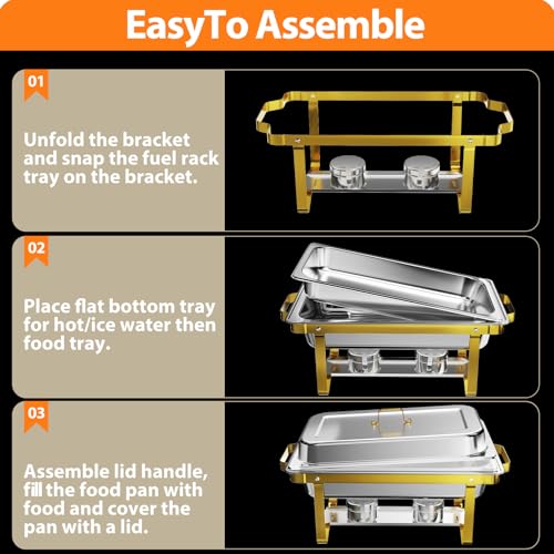 ROOMTEC Chafing Dishes for Buffet 4 Pack, 8QT 304 Stainless Steel Chafing Dish Buffet Set, Chafers and Buffet Warmers Sets for Birthday, Wedding, Rolled-Edge Design, Gold and Silver