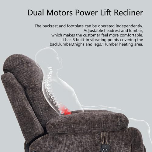 Power Lift Chair Lay Flat Recliner Infinite Position Electric Dual Motor Stand Up Lift Chair with Massage and Heat for Adults,Heavy Duty Recliners with 2 Remote Controls and Two Cup Holders