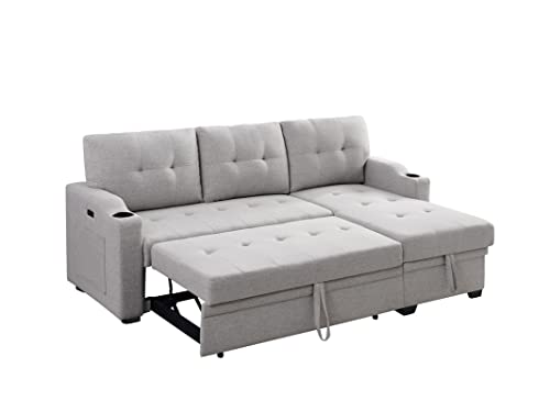 LSOFA 83 Inch Convertible L Shaped Sleeper Sectional Sofa Linen with Storage Chaise, Pull Out Bed, Cup Holder, USB Charging Port, Side Pocket, Reversible Corner Couch Design, 83, Light Grey4