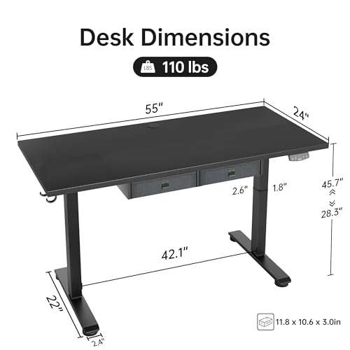 Standing Desk with 2 Drawers, Adjustable Height Electric Desk with Storage, 63 x 24 Inches Sit Stand Up Computer Table for Work Office Home, White