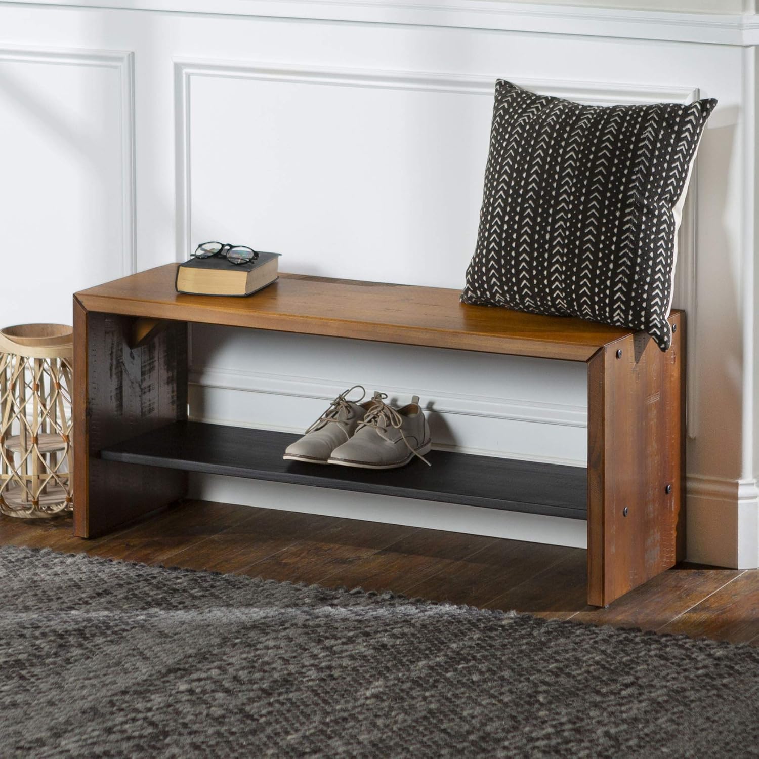 Walker Edison Meier Contemporary 2 Tier Asymmetrical Solid Wood TV Stand for TVs up to 50 Inches, 60 Inch, Grey