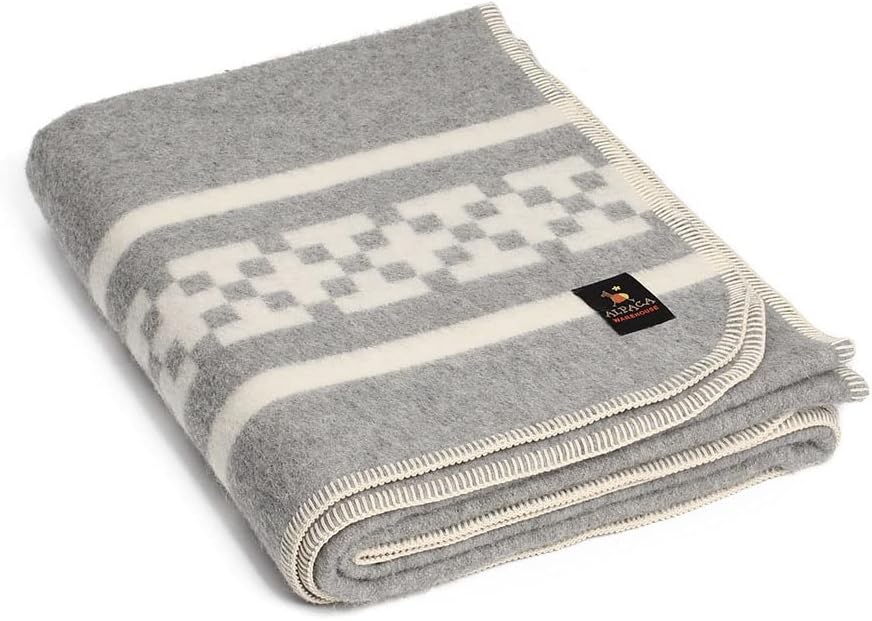 Thick Alpaca Wool Blanket Heavyweight Alpaca Wool Blanket Camping Outdoors Indoors Soft Peruvian Alpaca Wool Blankets That Come in Twin Queen King Size Ethnic Design (Navy Blue - Soft Gray, Queen)