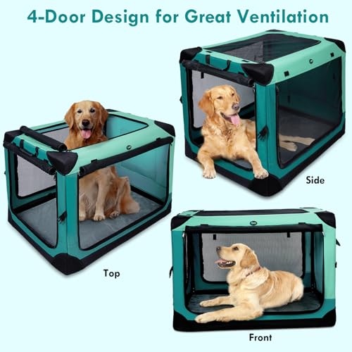 Ownpets Collapsible Dog Crate, 42 inch Portable Travel Dog Crate for Large Dogs, 4-Door Foldable Pet Kennel with Durable Mesh Windows & Double-Sided Soft Mat